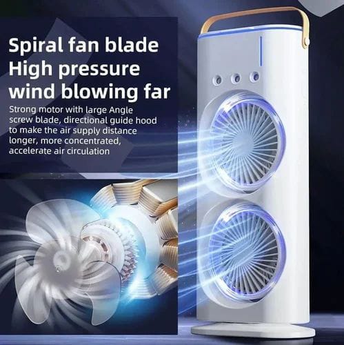Rotating 3 In 1 Fan Air Cooler with Humidifier Rechergable Dual Head Tower Mist Fan