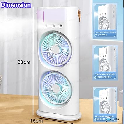 Rotating 3 In 1 Fan Air Cooler with Humidifier Rechergable Dual Head Tower Mist Fan