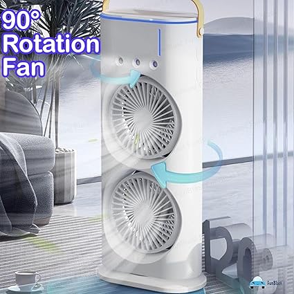 Rotating 3 In 1 Fan Air Cooler with Humidifier Rechergable Dual Head Tower Mist Fan